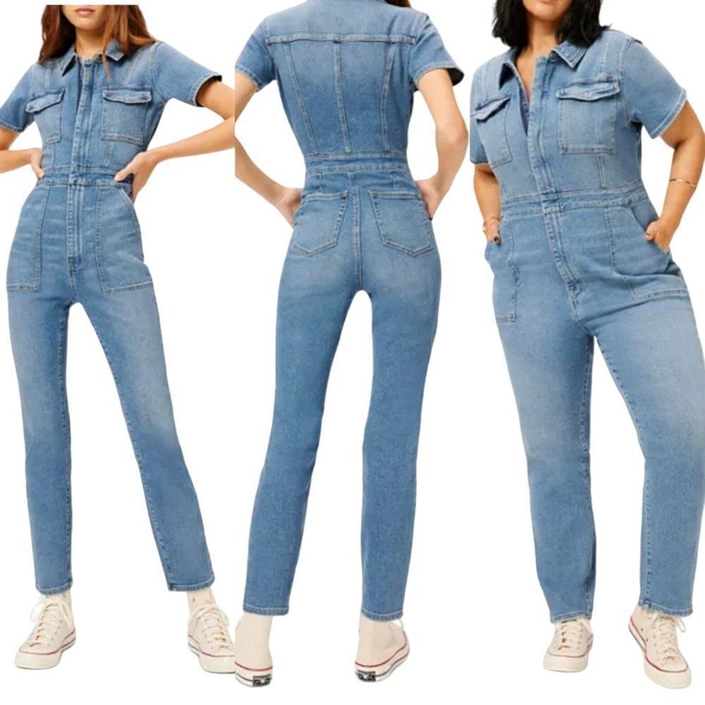 Anthro Good American Fit‎ For Success Jumpsuit 3 Denim Light Wash Recycle Cotton